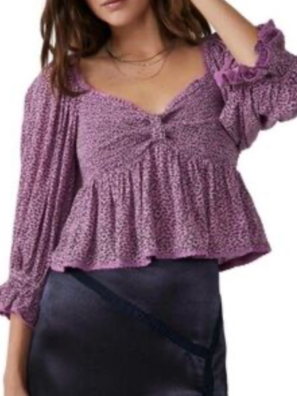 Free People‎ Brittnee Smocked Peplum Blouse Purple Print Puff Sleeve M